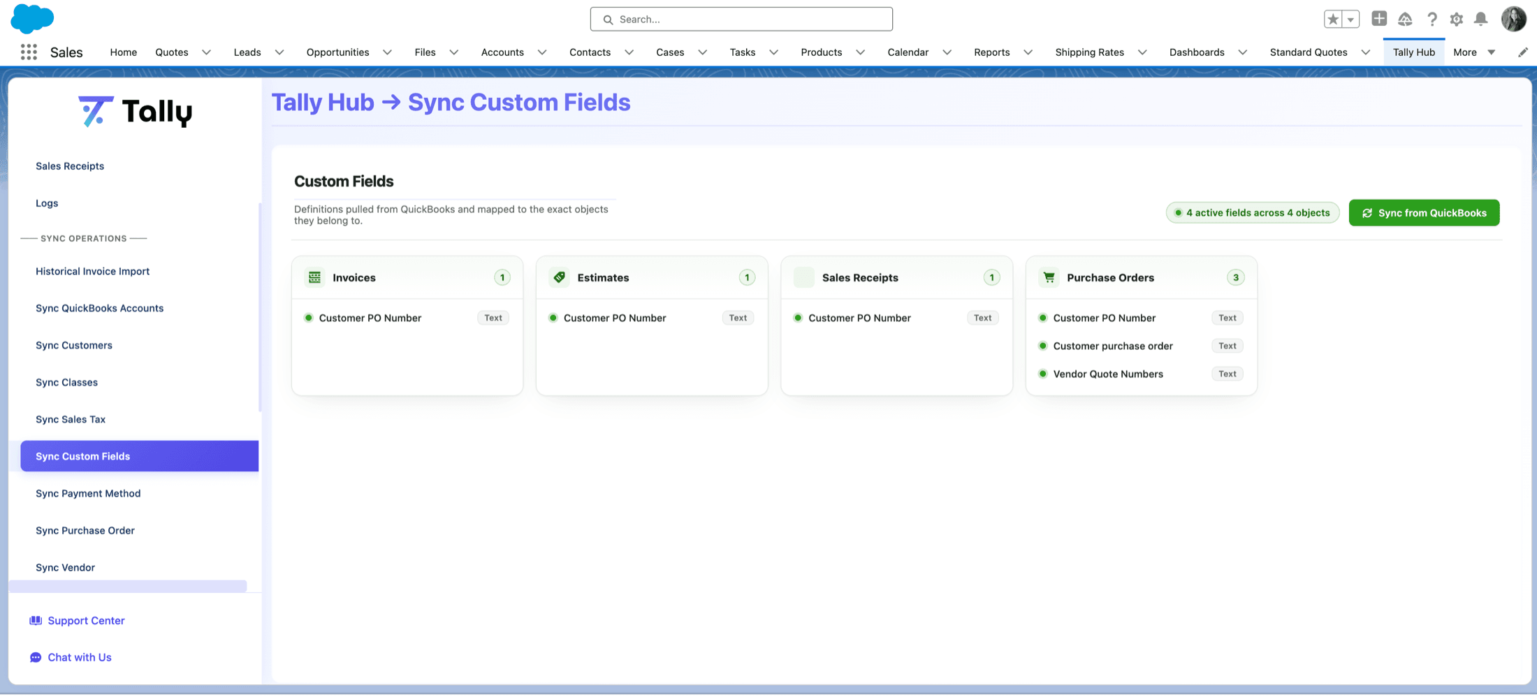The Tally custom fields manager — QuickBooks custom fields mapped to Invoices, Estimates, Sales Receipts, and Purchase Orders