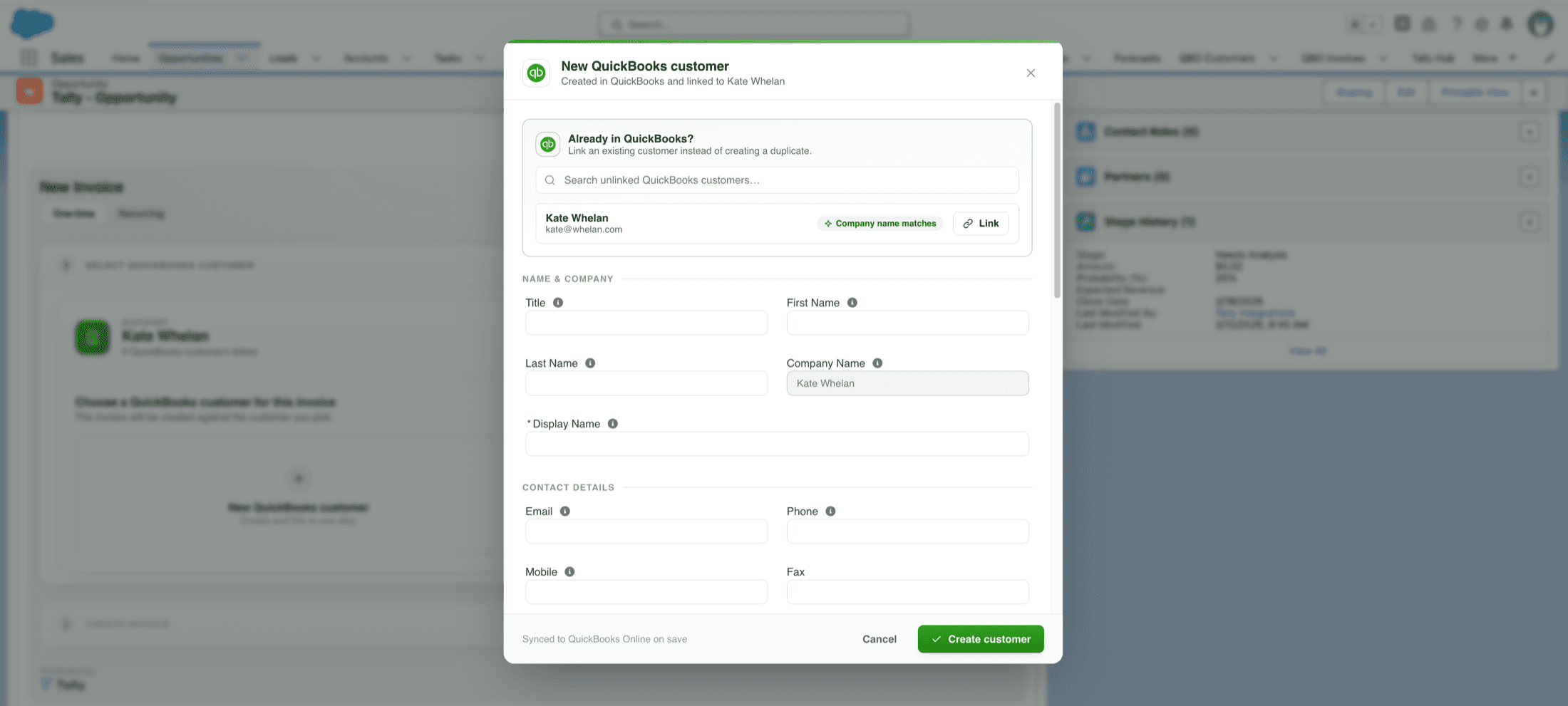 Creating a new QuickBooks customer or linking an existing one in Tally
