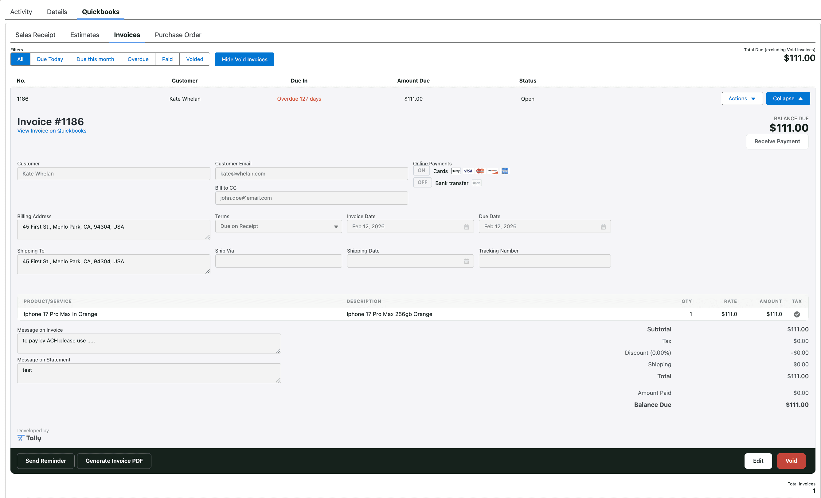 Editing, voiding, sending reminders, and generating a PDF for a QuickBooks invoice in Tally