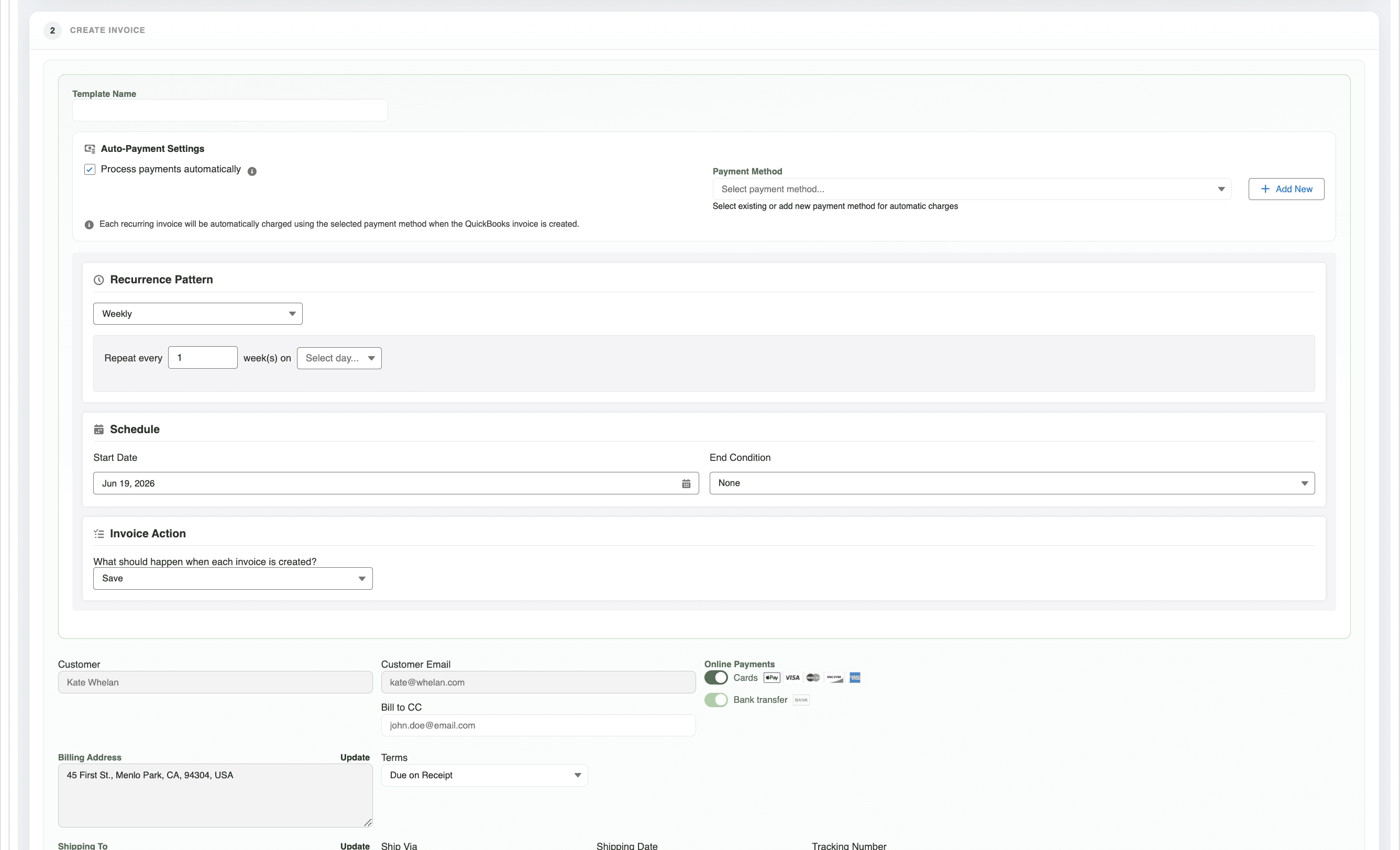 Configuring a recurring invoice template with auto-payment in Tally
