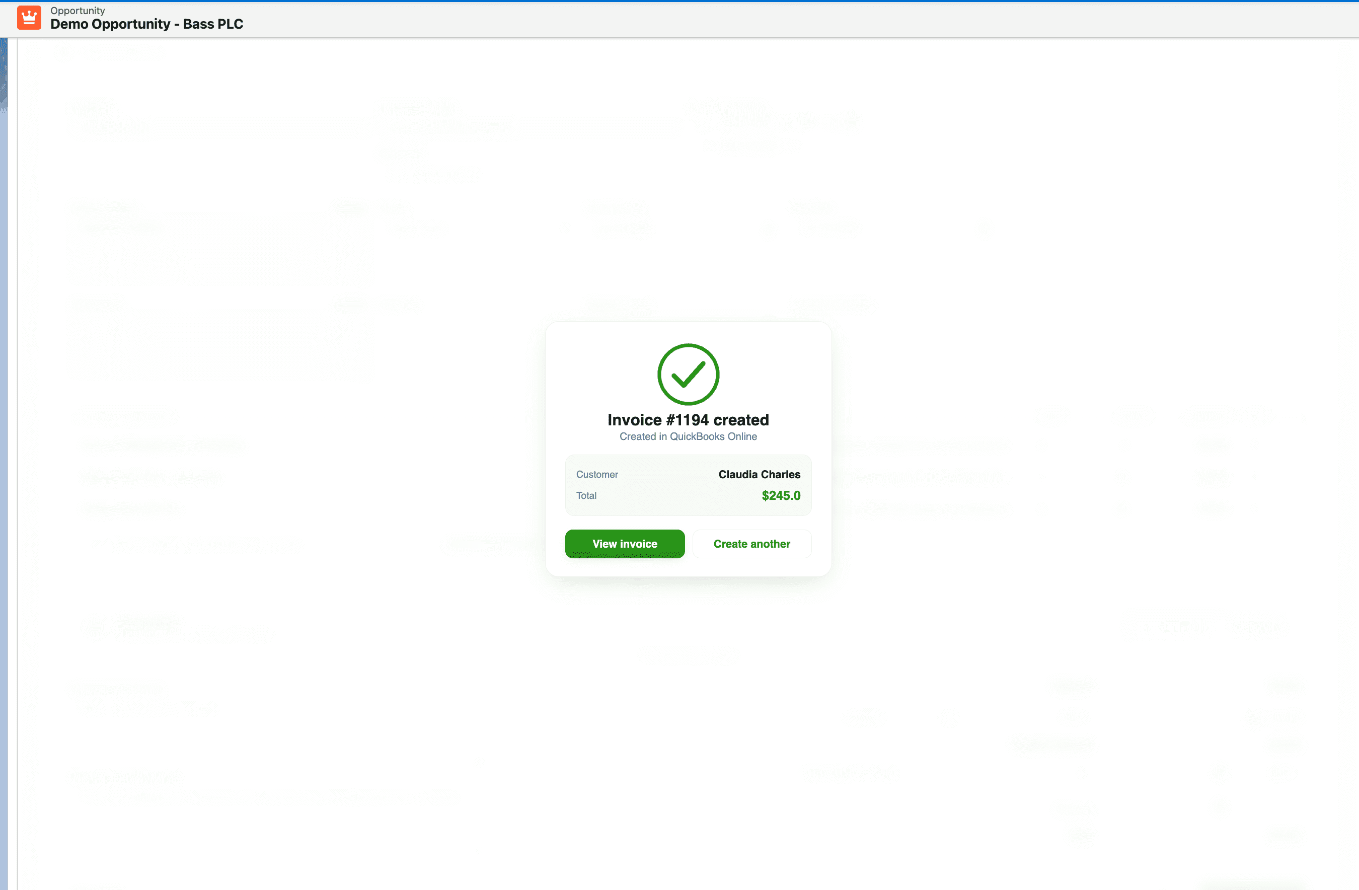 Invoice created confirmation — Invoice #1194 created in QuickBooks Online