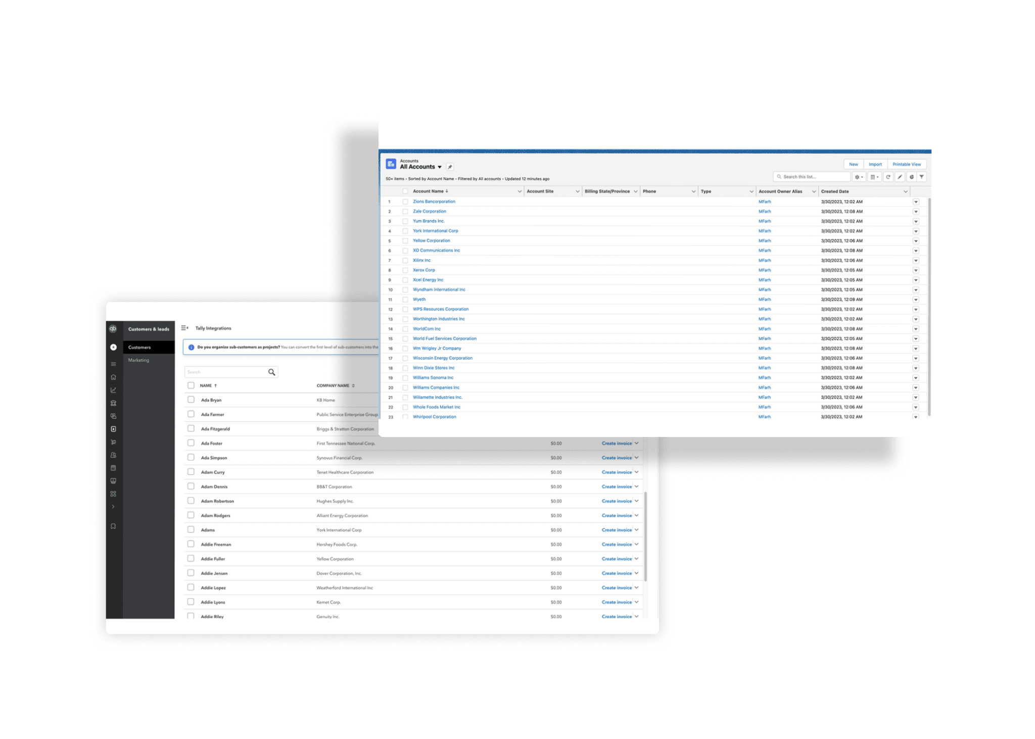 QuickBooks customers imported into Salesforce as accounts and contacts with Tally