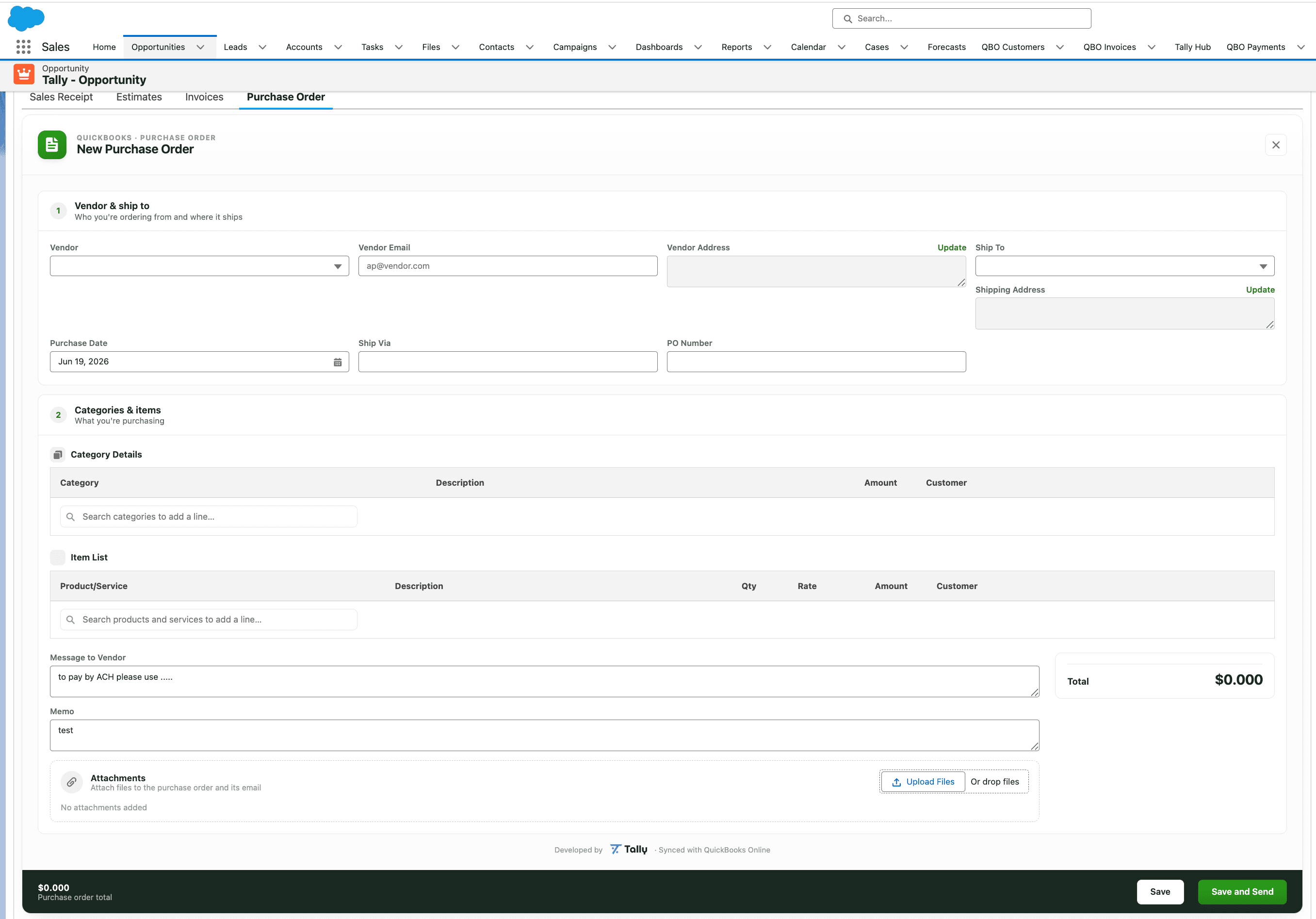 Building a QuickBooks purchase order in Salesforce with Tally
