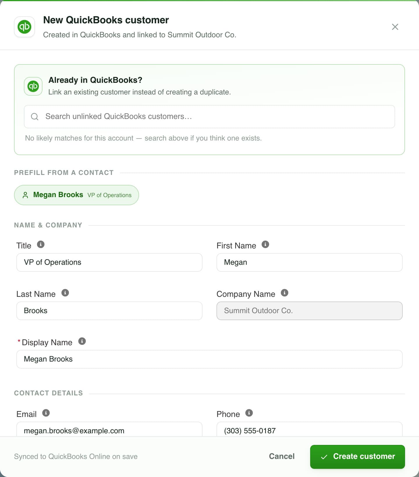 The New QuickBooks customer form in Salesforce: link an existing QuickBooks customer, or prefill a new one from a contact