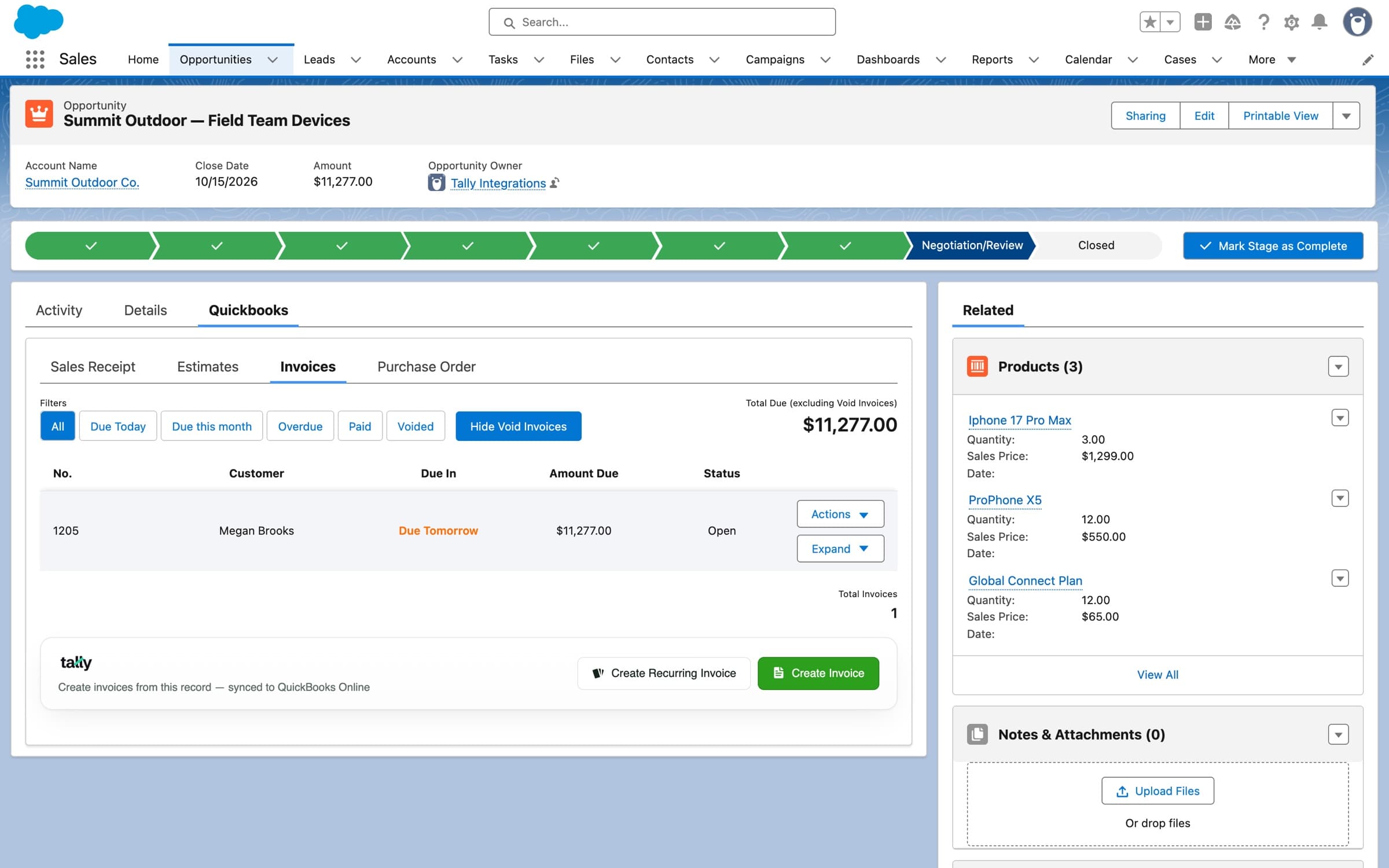 The QuickBooks tab on a Salesforce opportunity: total due, invoice 1205 with Actions and Expand, and the Create Invoice button