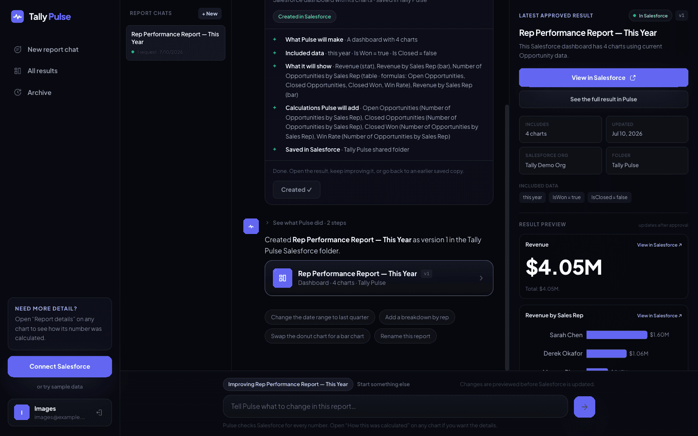 Tally Pulse chat beside a finished Salesforce report