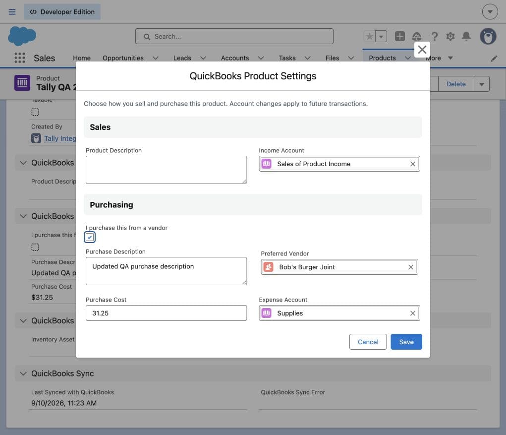 QuickBooks Product Settings with Income Account, purchasing enabled, Preferred Vendor, Purchase Cost, and Expense Account on a demonstration product