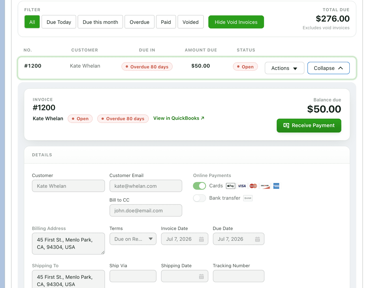The redesigned invoice list and invoice view in Salesforce, with status pills, balance due and Receive Payment
