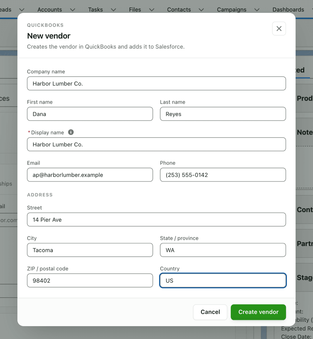 The New vendor form in Salesforce with company, contact, email, phone and address fields