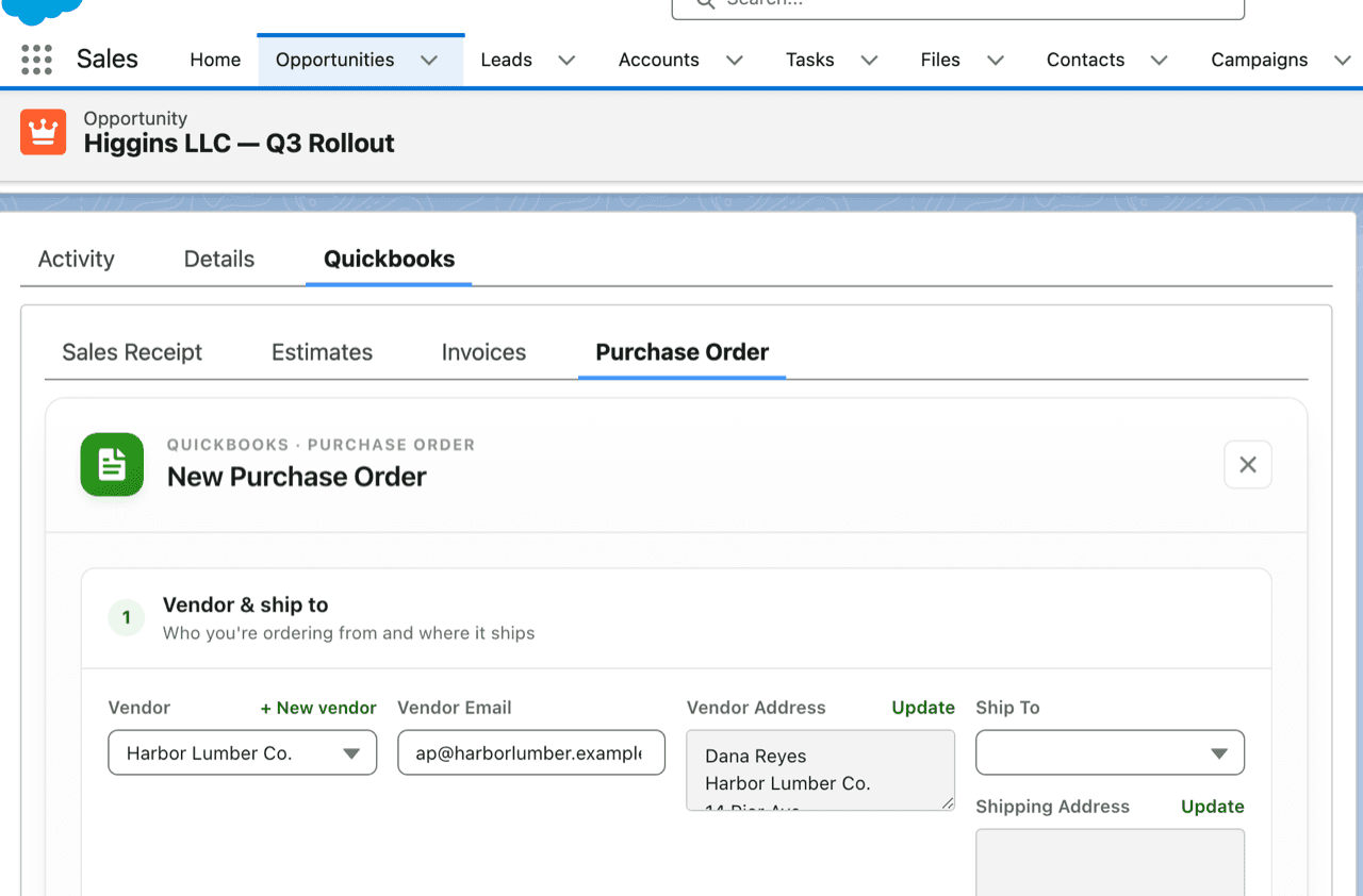 A purchase order in Salesforce with the newly created vendor selected and its email and address filled in