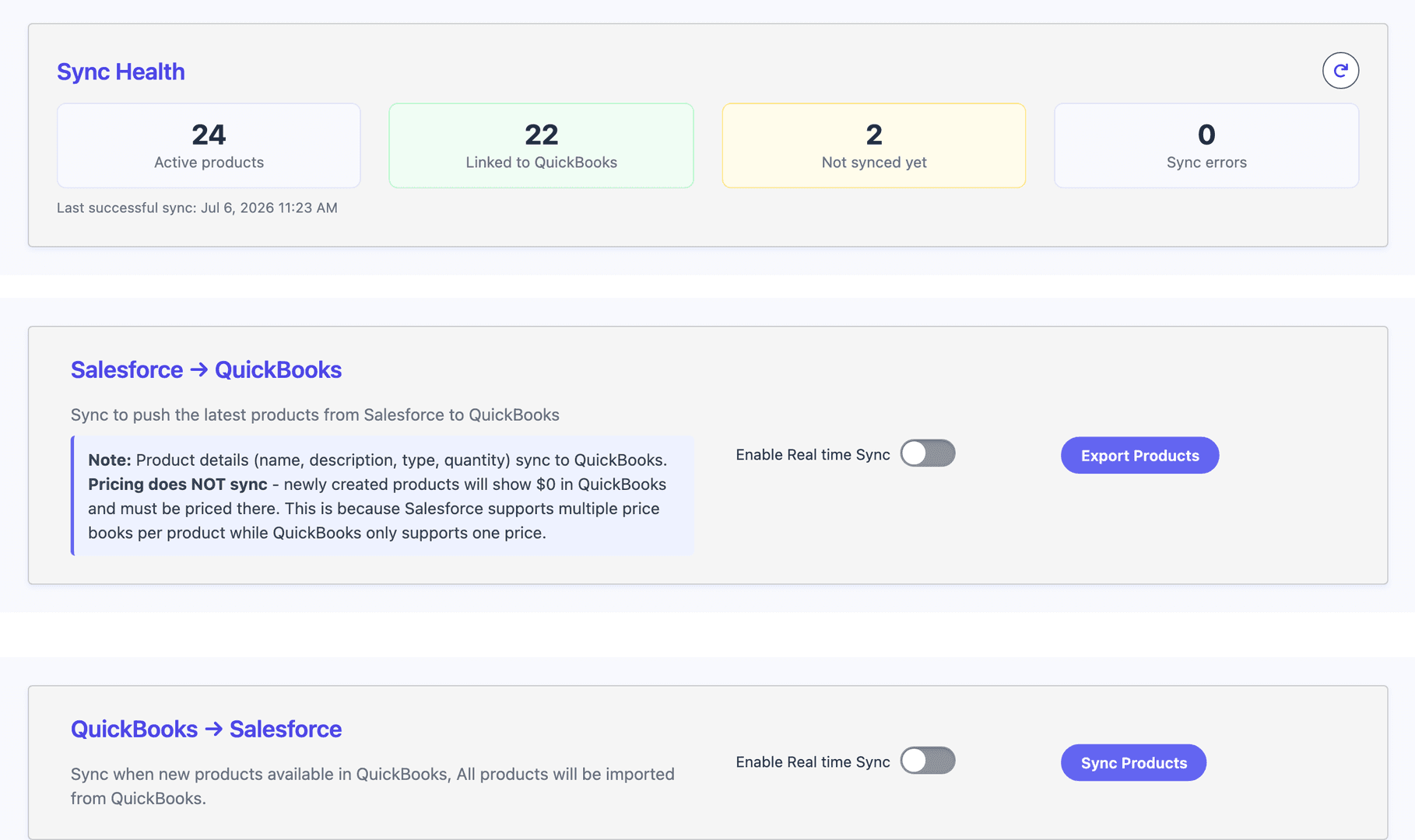The Sync Health dashboard for product sync in the Tally Hub