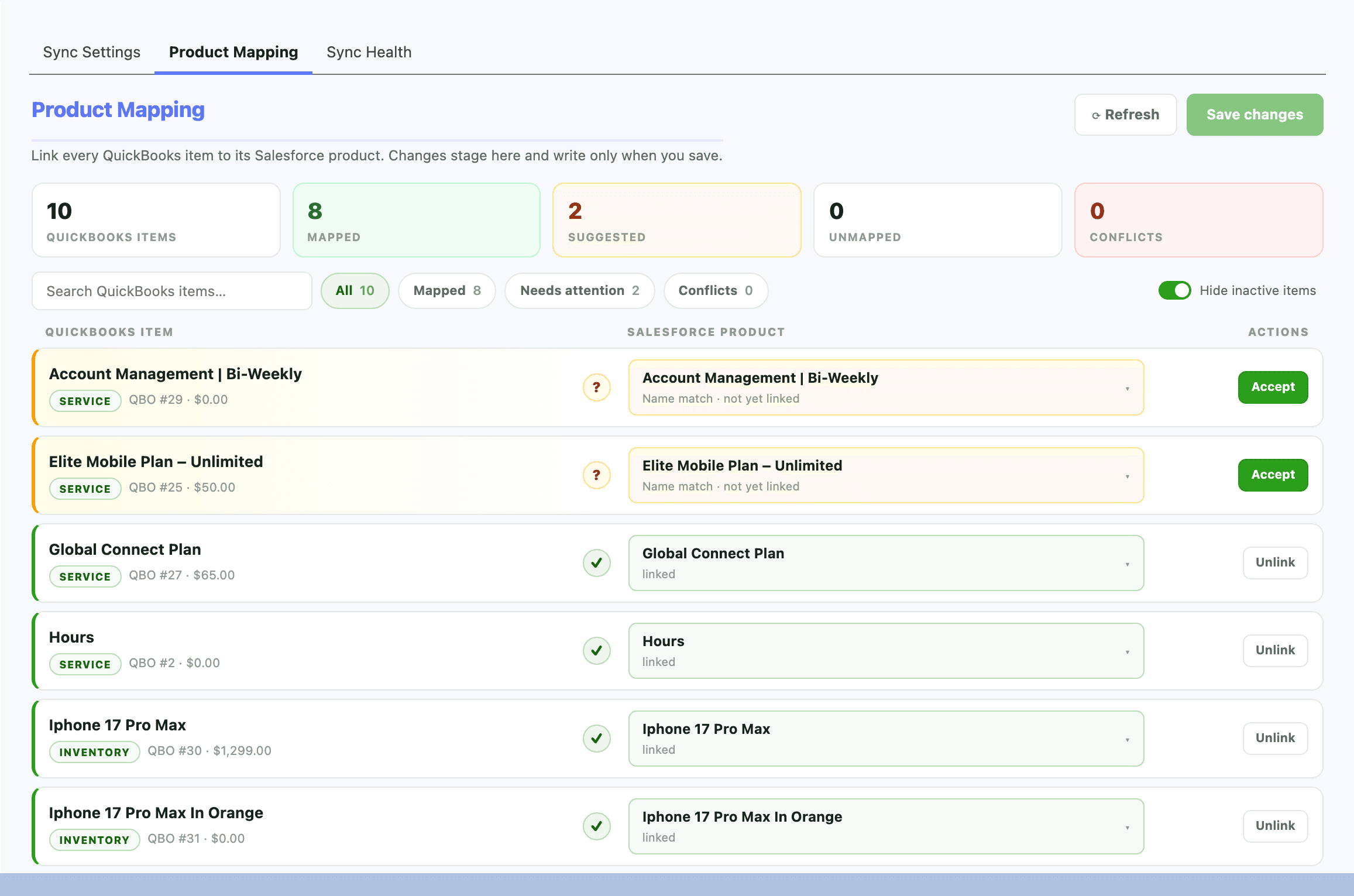 The new Product Mapping screen — every QuickBooks item beside its linked Salesforce product