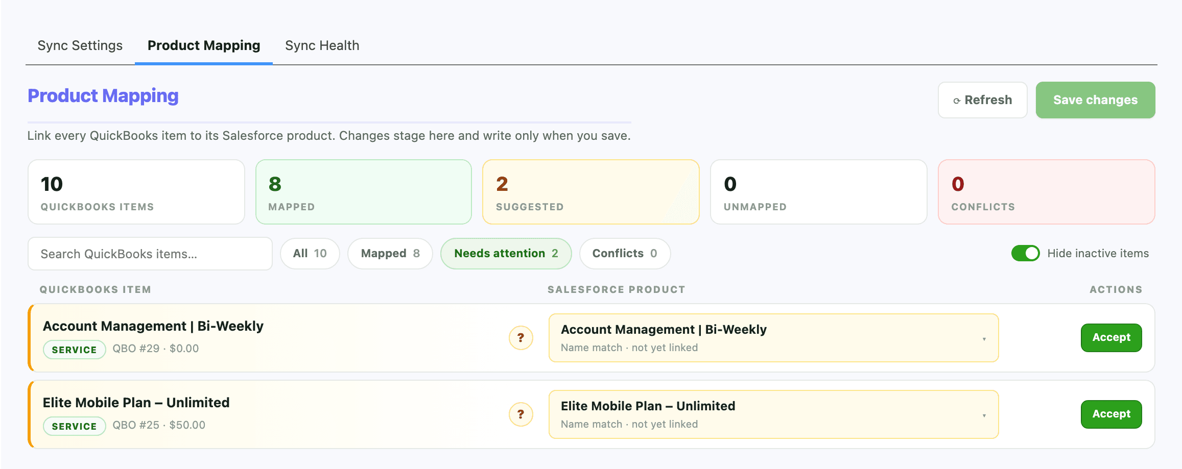 Suggested matches highlighted in amber, each waiting for one-click approval