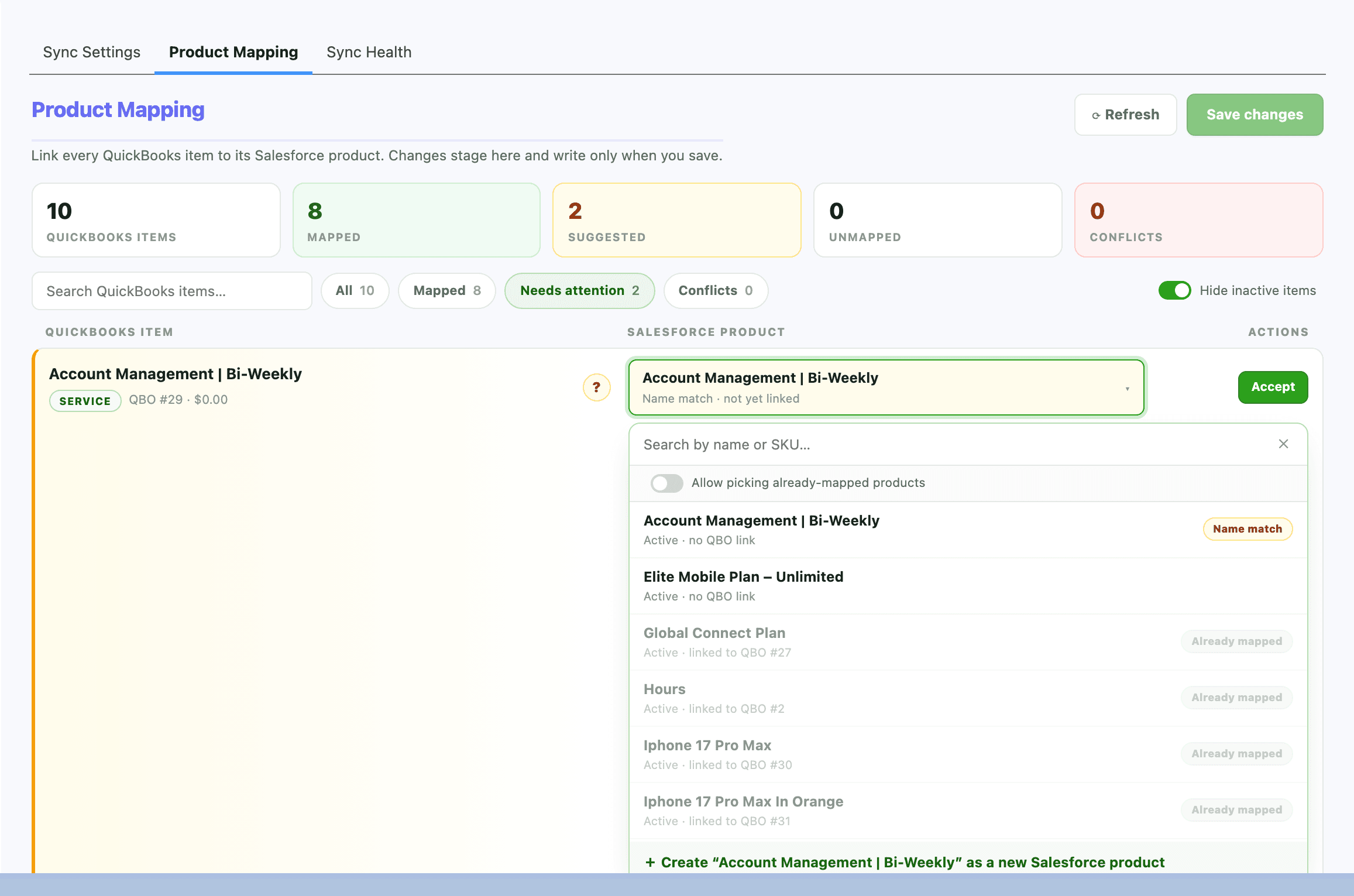 Searching Salesforce products from a mapping row, with already-linked products disabled